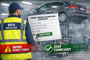 MTO inspector reviewing torque wrench calibration certificate in Ontario mechanic shop